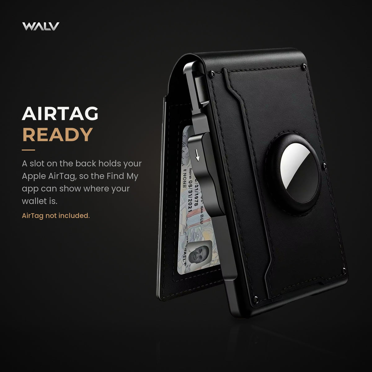 AirTag slot on the back of the WALV Pop-Up Wallet. AirTag not included
