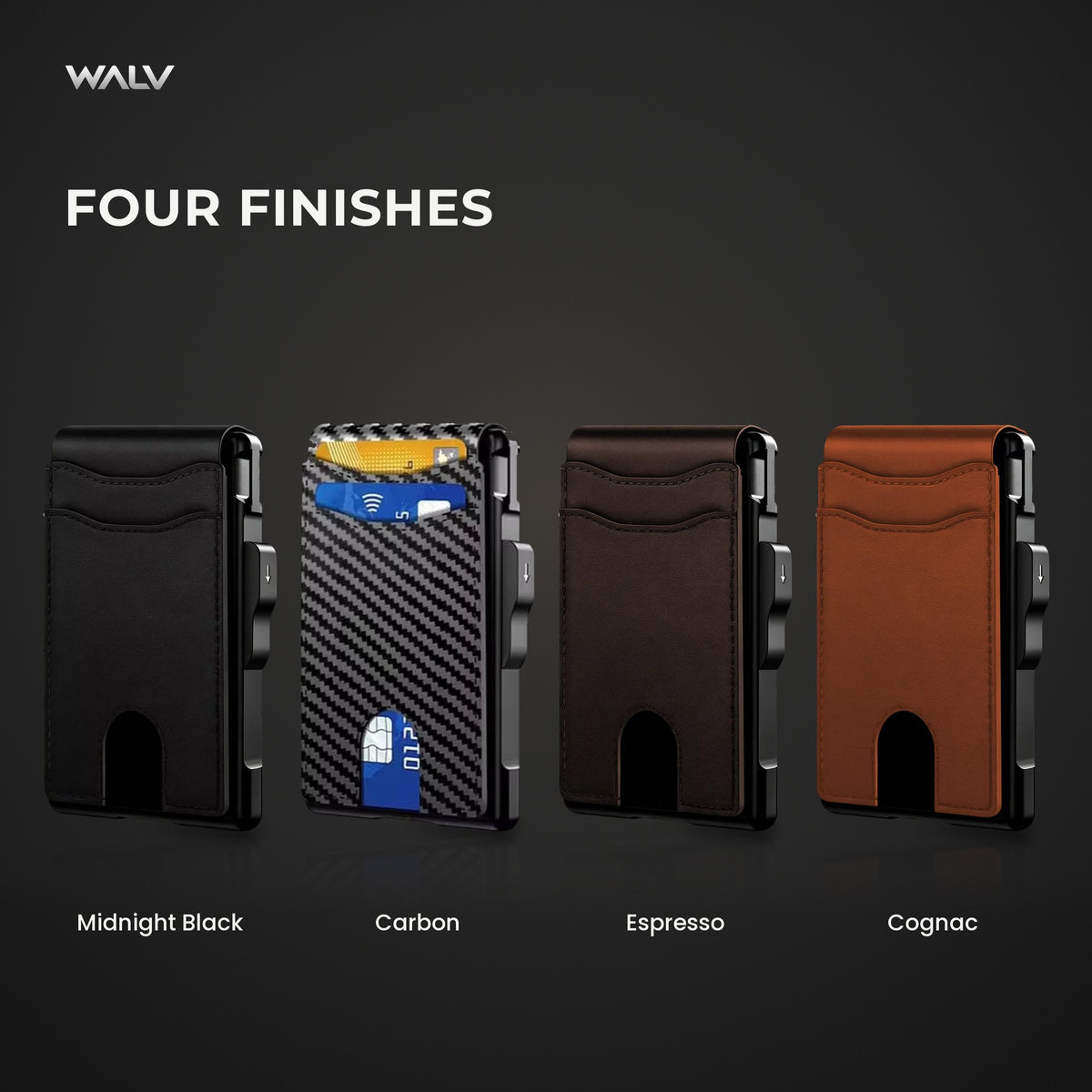 WALV Pop-Up Wallet in four finishes: Midnight Black, Carbon, Espresso and Cognac
