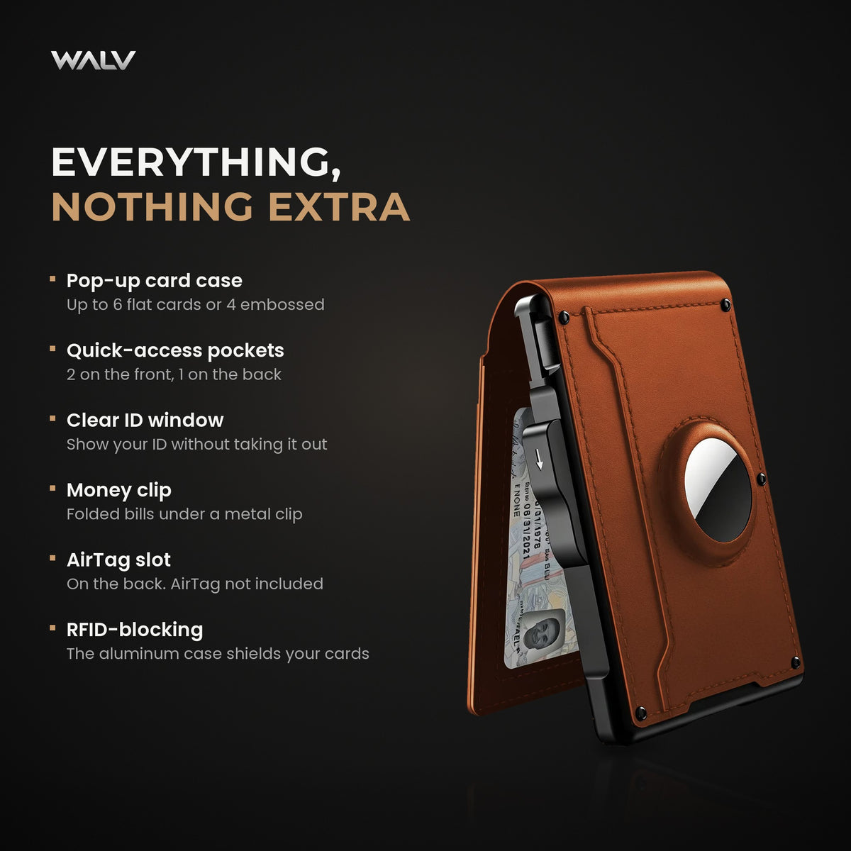 What the WALV Pop-Up Wallet holds: pop-up card case, quick-access pockets, ID window, money clip, AirTag slot