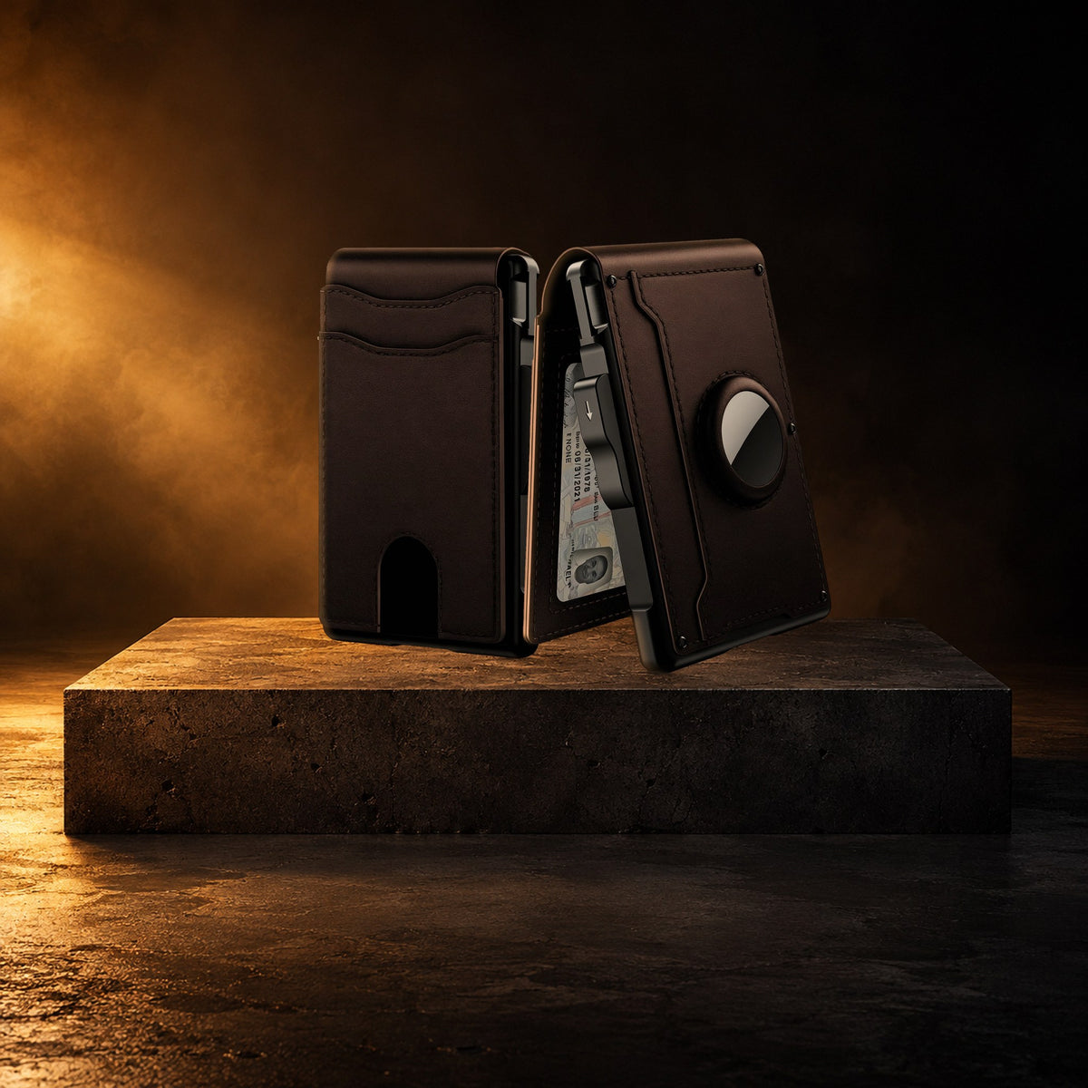 WALV Pop-Up Wallet in Espresso, front and back, on a concrete block