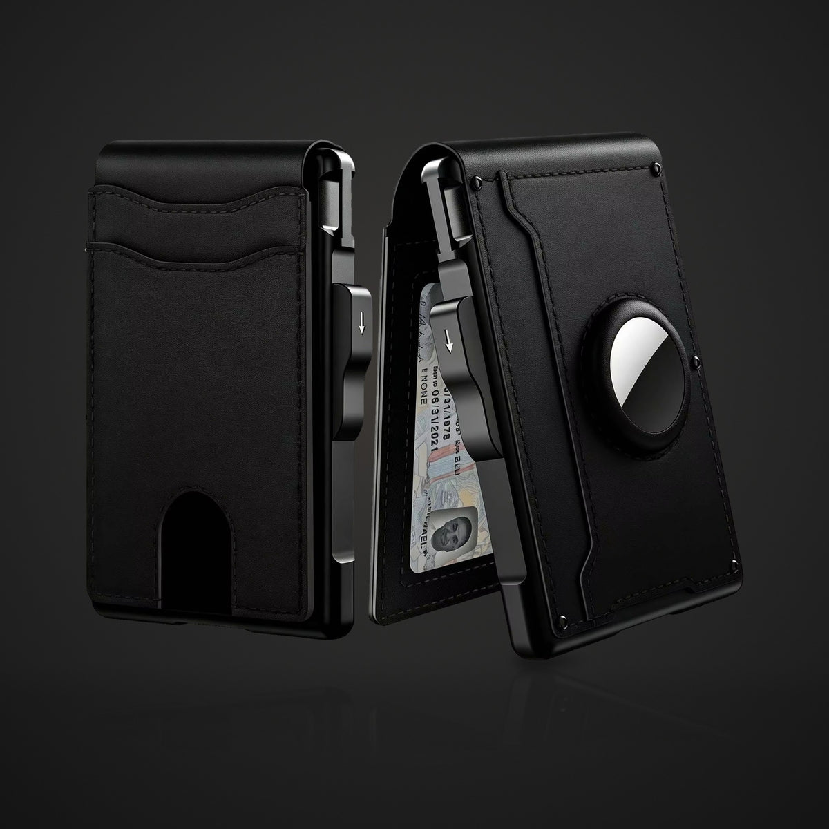 WALV Pop-Up Wallet in Midnight Black, front and back with the AirTag slot