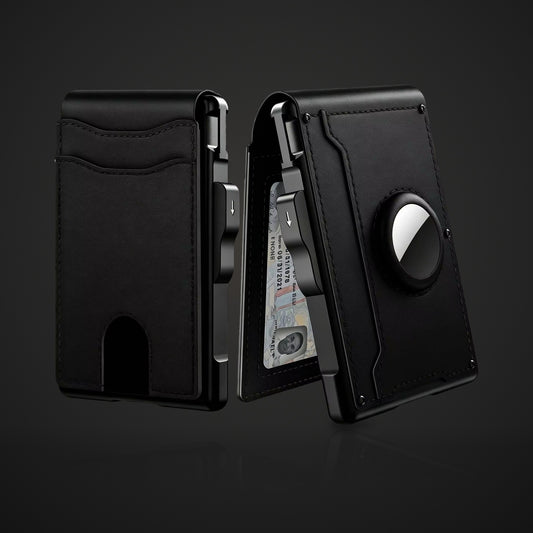 WALV Pop-Up Wallet in Midnight Black, front and back with the AirTag slot