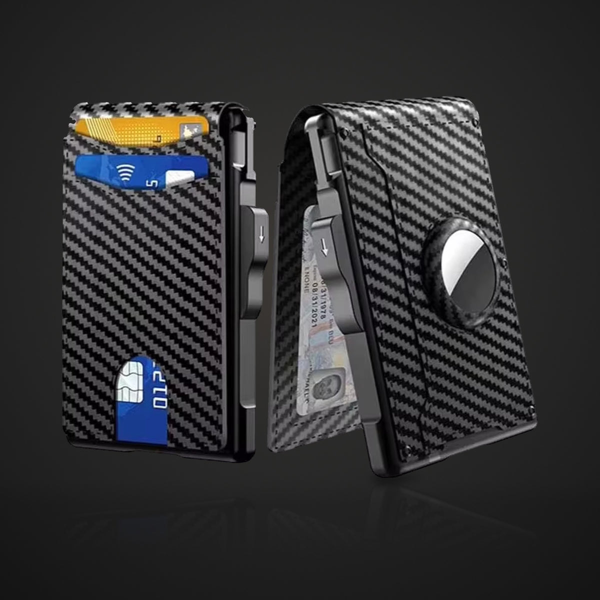 WALV Pop-Up Wallet in Carbon, carbon-fiber pattern, front and back